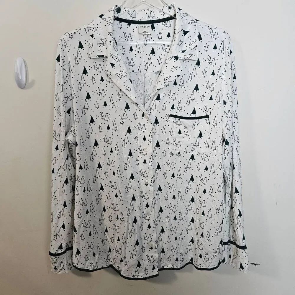 Soma COOL NIGHTS Long Sleeve Notch Collar Top Christmas Tree Pajama Top Dark For